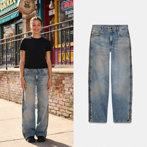 Damen Weite High‑Waist Jeans mit geradem Bein und Vintage-Wash Drune
