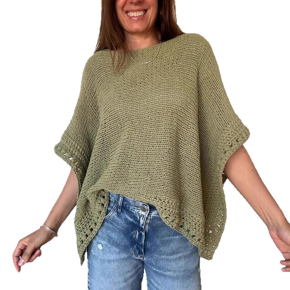 Damen Leichtes Oversize Strickponcho mit Häkelkante Drune