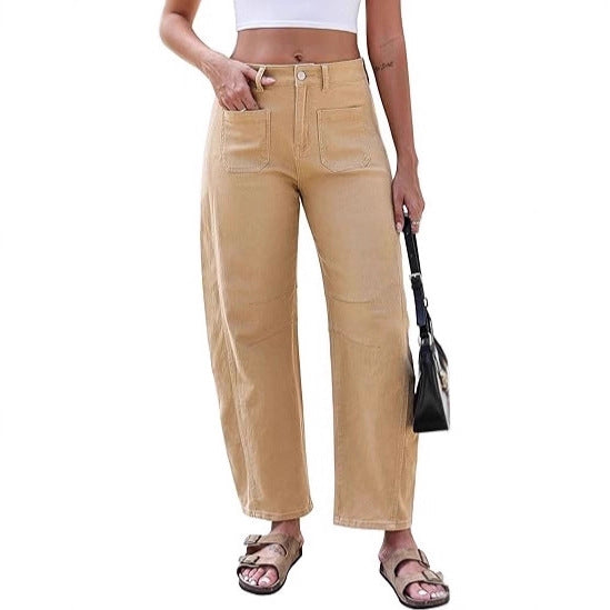 Damen weite Jeans mit hohen Taillenschnitt und praktischen Taschen Drune