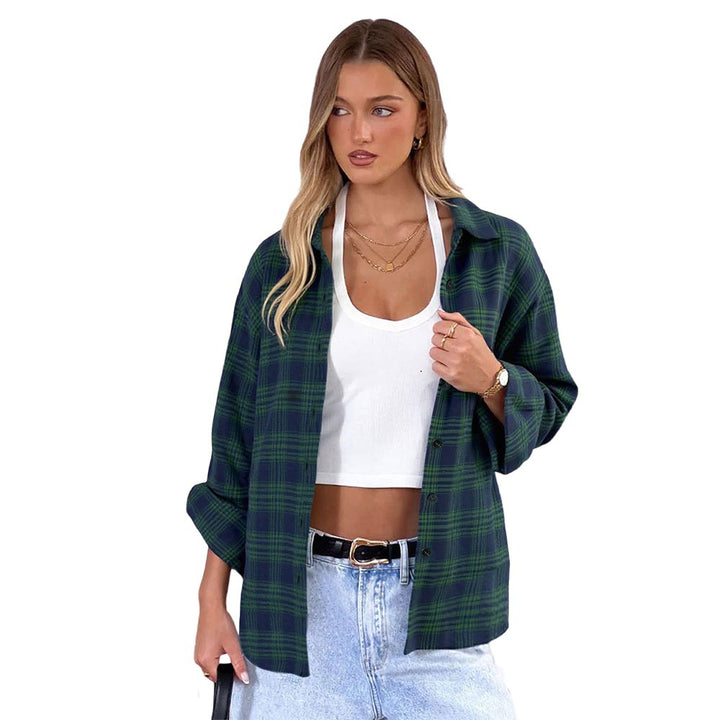 Damen oversized Karo-Hemdjacke mit fallendem Saum und geknöpften Manschetten Drune
