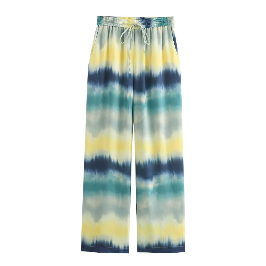 Damen Weite Palazzo-Loungehose mit Elastikbund, Tunnelzug und Aquarell‑Print Drune