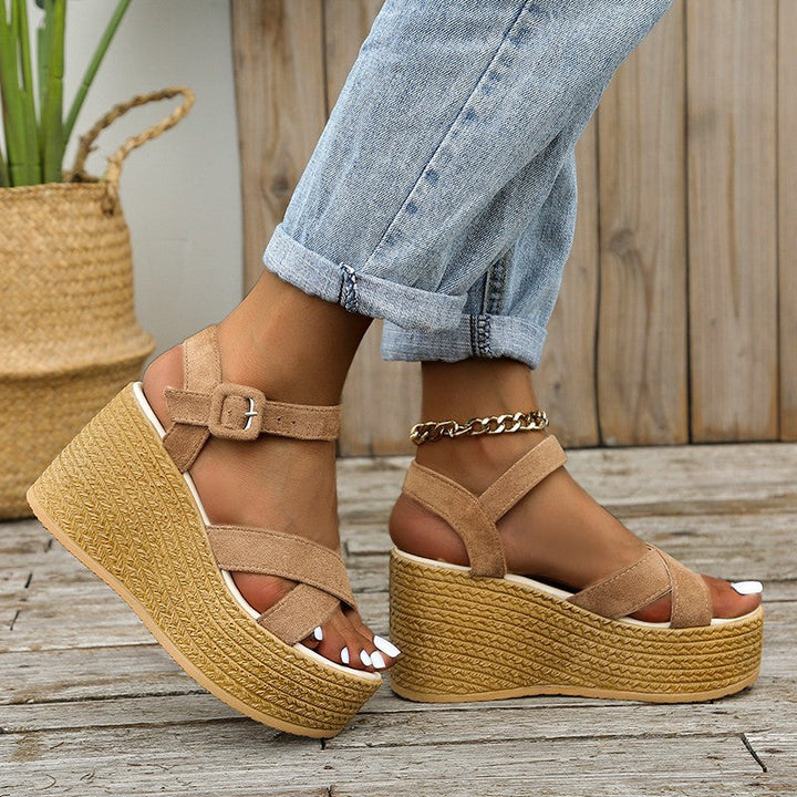 Damen Keil-Sandalen mit modischem Überkreuzriemen und rutschfester Sohle Drune
