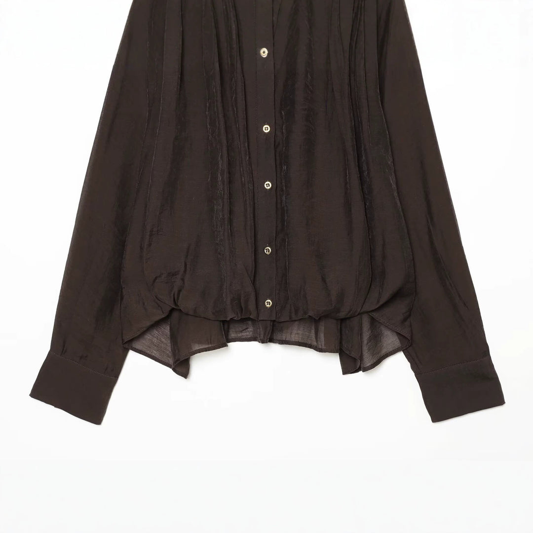 Damen Transparente Bluse mit drapiertem Schlauchkragen, Knopfleiste und Ballonärmeln Drune
