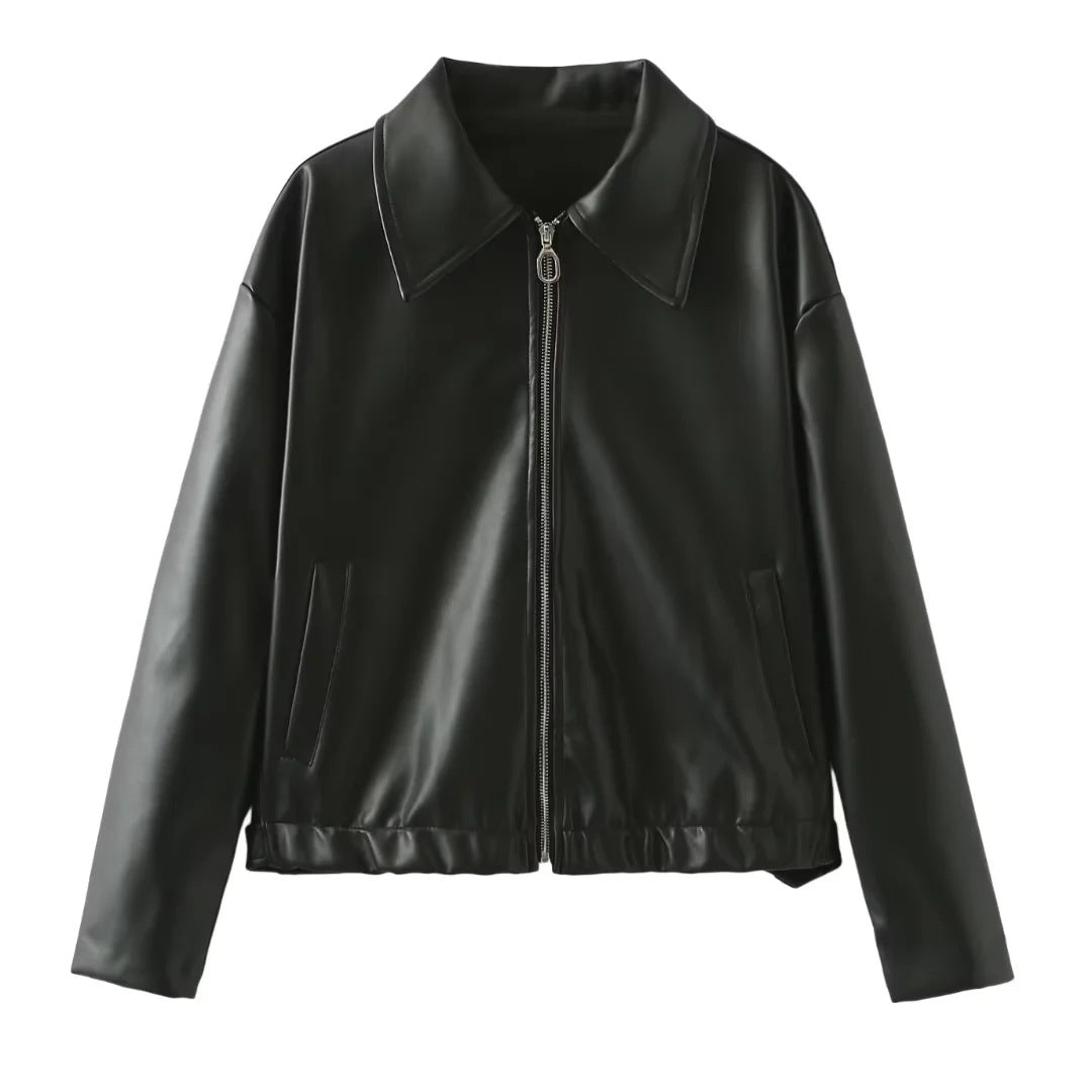 Damen nan kastig geschnittene Kunstlederjacke mit durchgehendem Reißverschluss und elastischem Saum Drune