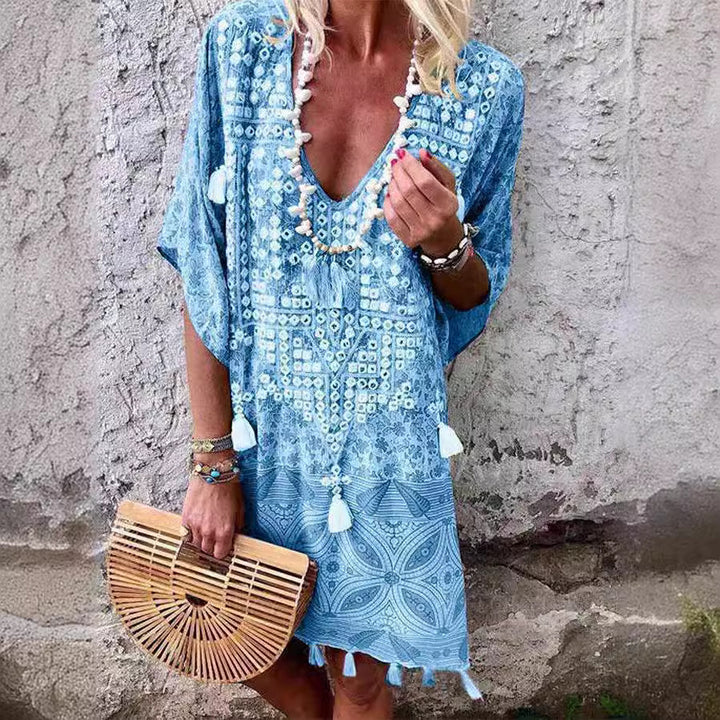 Damen Boho-Chic Kaftan mit V-Ausschnitt und Tassel-Details Drune