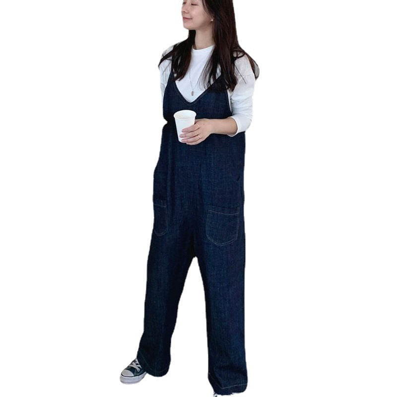 Damen Oversized Denim-Latzhose mit weitem Bein und Eingrifftaschen Drune
