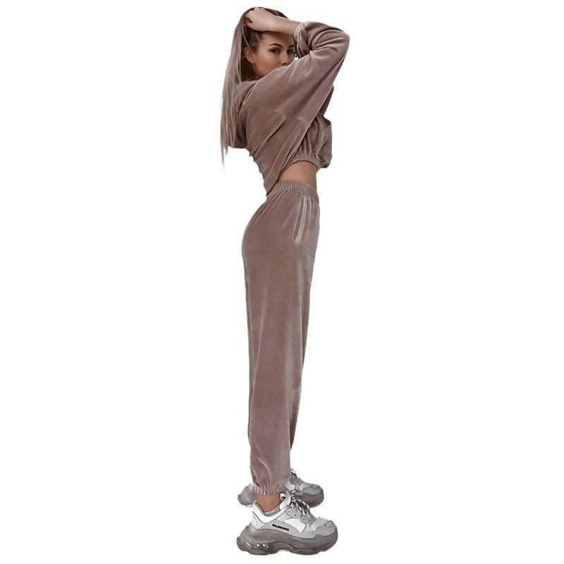 Damen Samt-Cropped-Loungewear-Set mit Kapuzenpullover und elastischer High-Waist-Jogginghose Drune