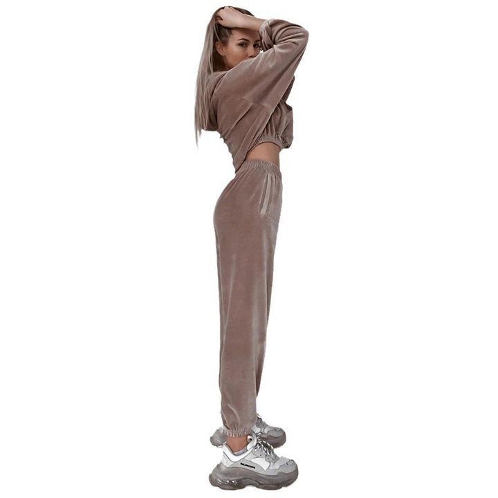 Damen Samt-Cropped-Loungewear-Set mit Kapuzenpullover und elastischer High-Waist-Jogginghose Drune
