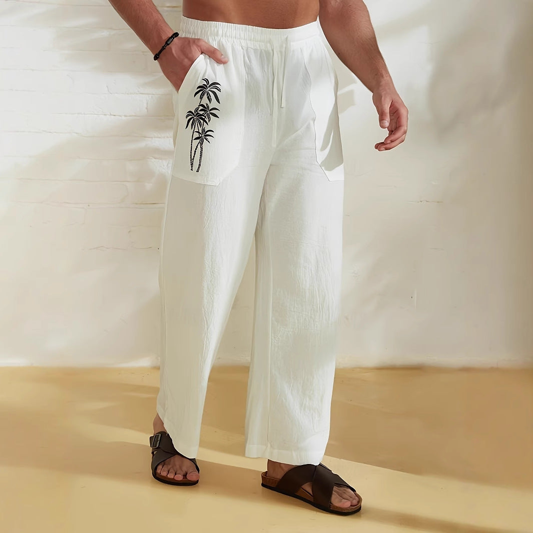 Herren Leichte Leinen-Loungehose mit weitem Bein, Kordelzug und aufgesetzten Taschen Drune