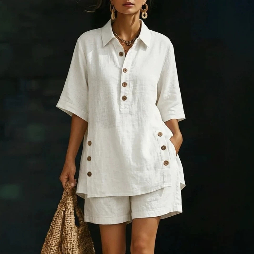 Damen nan luftiges Leinenoptik-Zweiteiler mit Oversize-Hemdbluse, Knopfleiste und Bermuda-Shorts Drune