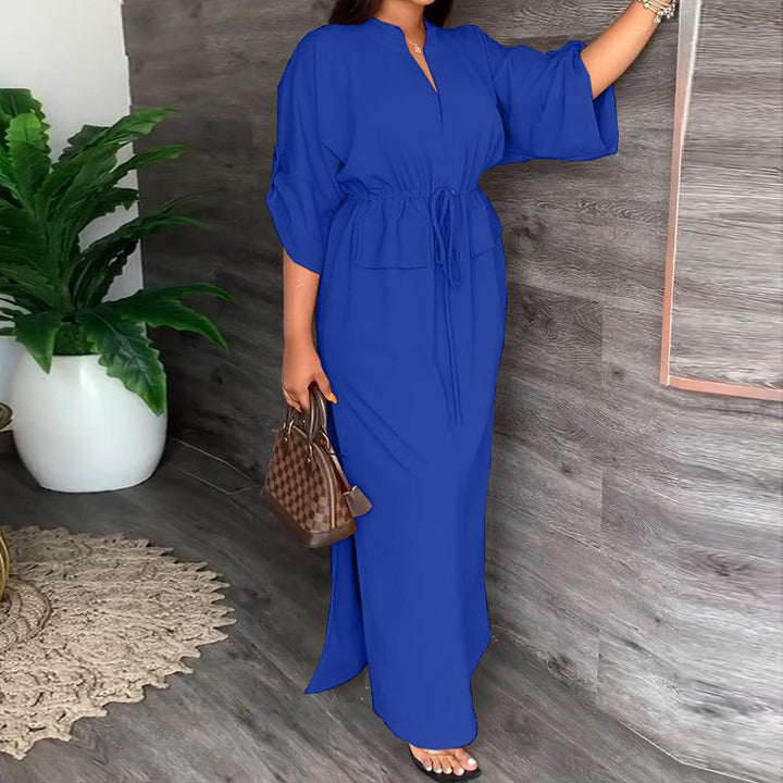 Damen Maxikleid mit Taillierung und offenem Kragen Drune