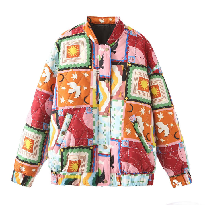 Damen gestepptes Quilt-Design Jacke mit bunten Mustern Drune