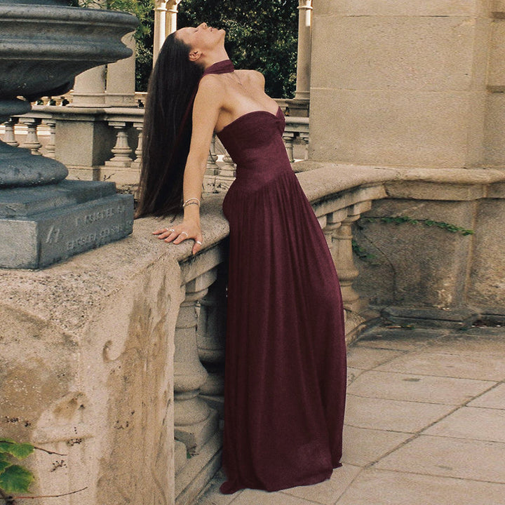Damen elegantes schulterfreies Maxikleid mit fließendem Rock und raffinierter Drapierung Drune