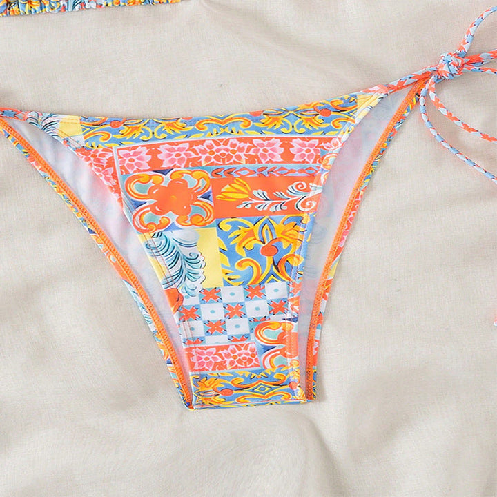 Damen Triangel-Bikini-Set mit verspielt floralem Muster und verstellbaren Bindebändern Drune