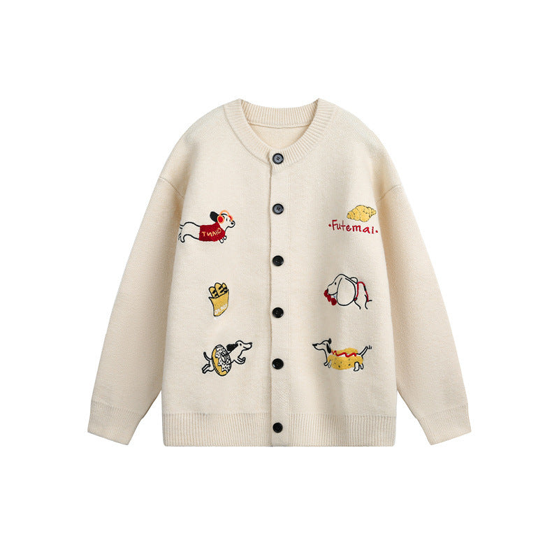Damen Gestrickte Oversize-Cardigan mit verspielten Hunde-Stickereien Drune