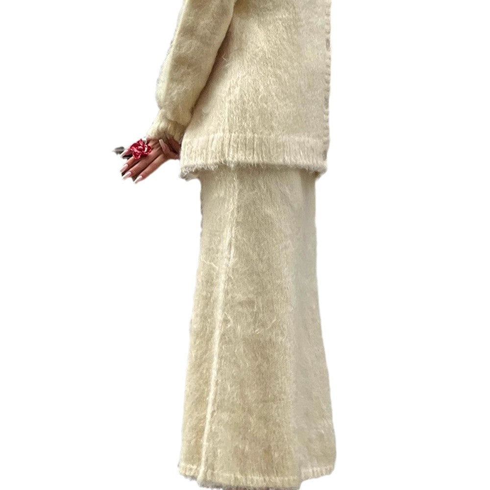 Damen kuschelige Strickjacke und Wadenlanger Rock Set Drune