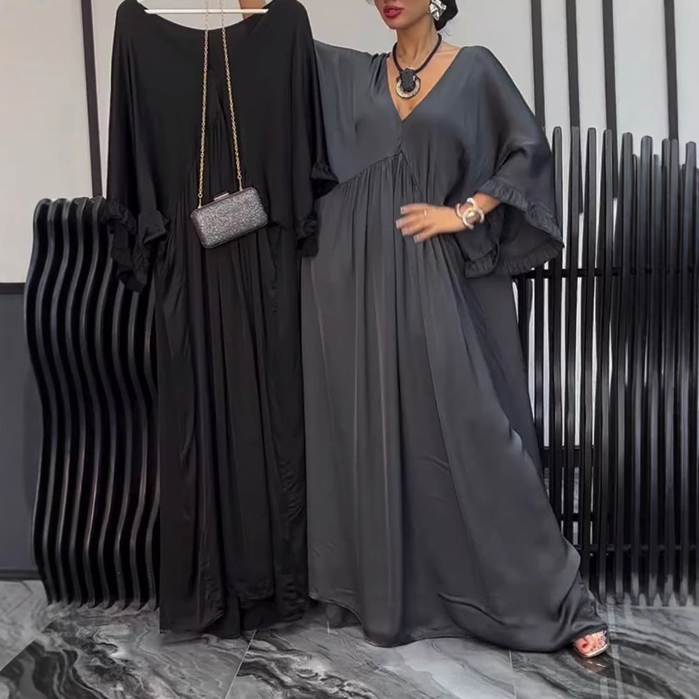 Damen nan Satinoptik Kaftan-Maxikleid mit V-Ausschnitt, geraffter Empirenaht und Volantsärmeln Drune