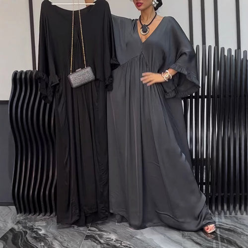 Damen nan Satinoptik Kaftan-Maxikleid mit V-Ausschnitt, geraffter Empirenaht und Volantsärmeln Drune