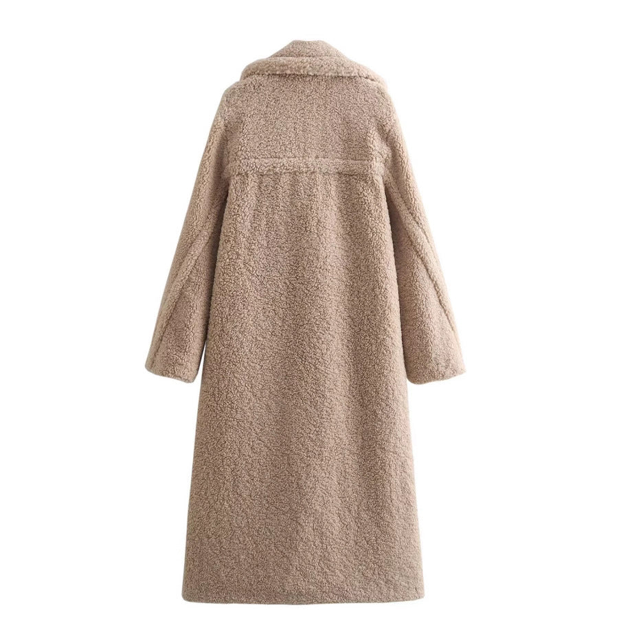 Damen 900+ langer Teddy‑Mantel im Oversize‑Cut mit Doppelreihe, Reverskragen und wärmender Innenfutter Drune