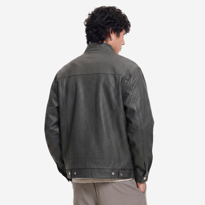 Herren Lederjacke im Fieldstil mit Stehkragen, Brustklappen und Reißverschluss Drune