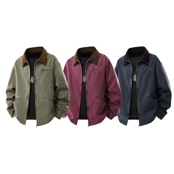 Herren gewaschene Baumwoll-Workerjacke mit Cordkragen und Reißverschluss Drune