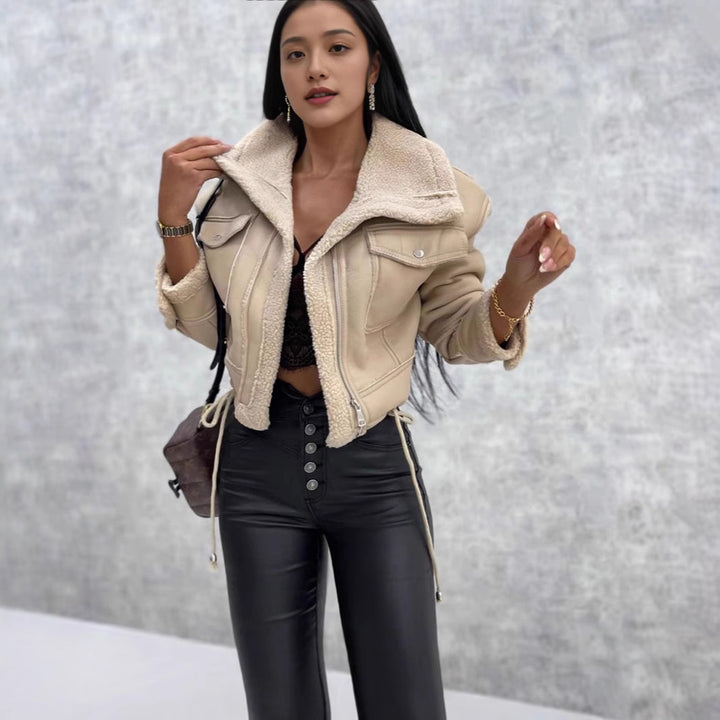 Damen Cropped Teddyjacke mit stylischem Kragen Drune