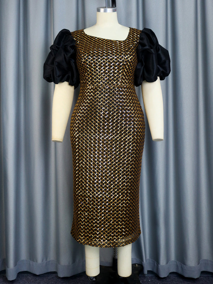 Damen Elegantes Cocktailkleid mit voluminösen Puffärmeln und schimmerndem Netzdesign Drune