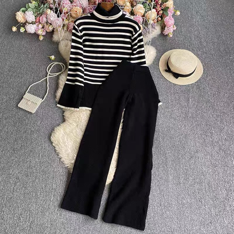 Damen elegantes gestreiftes Strickensemble mit hohem Kragen und weitem Bein Drune