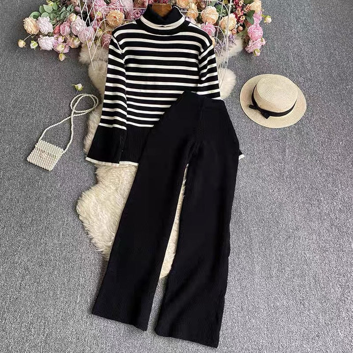 Damen elegantes gestreiftes Strickensemble mit hohem Kragen und weitem Bein Drune