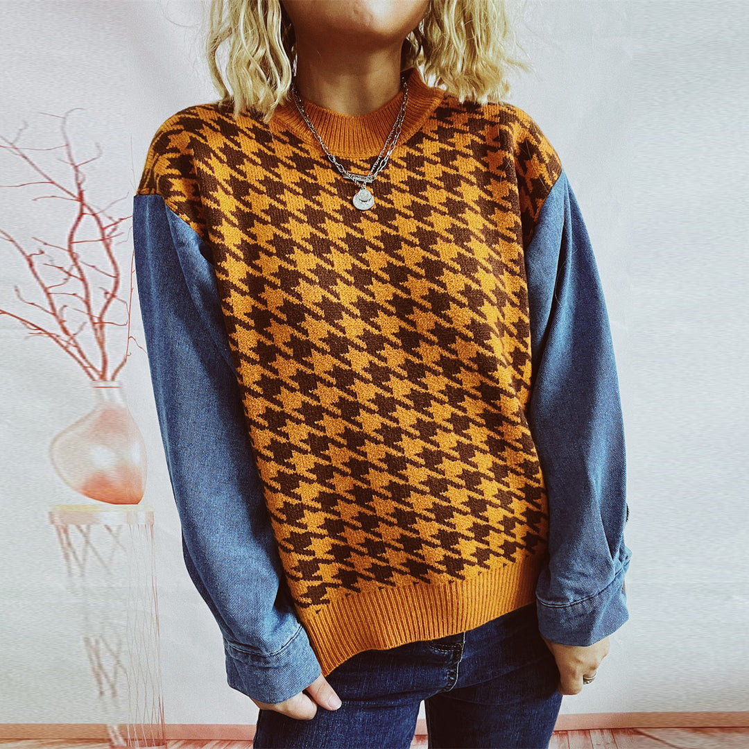 Damen lässiger Pullover mit modernem Hahnentrittmuster und Denim-Ärmeln Drune