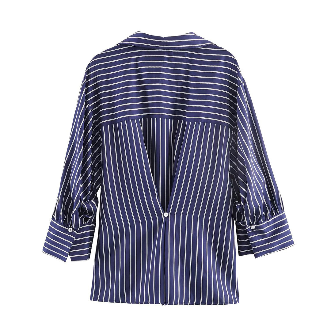Damen Oversized Hemdbluse mit vertikalen Streifen, Ballonärmeln und breiten Manschetten Drune