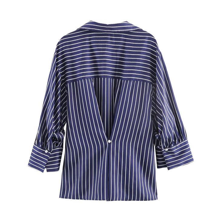 Damen Oversized Hemdbluse mit vertikalen Streifen, Ballonärmeln und breiten Manschetten Drune