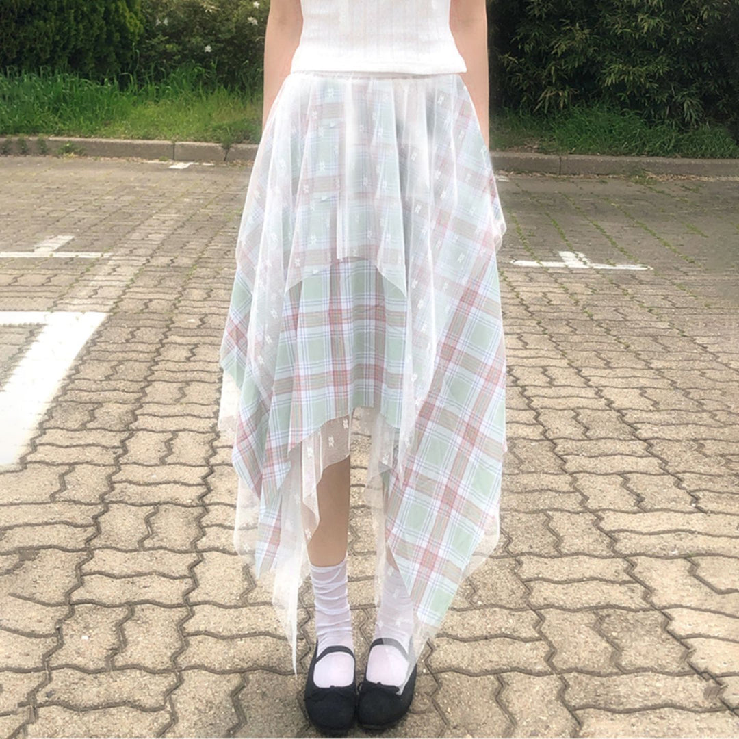 Damen asymmetrischer Lagenrock mit kariertem Unterrock und transparentem Tüll-Overlay Drune