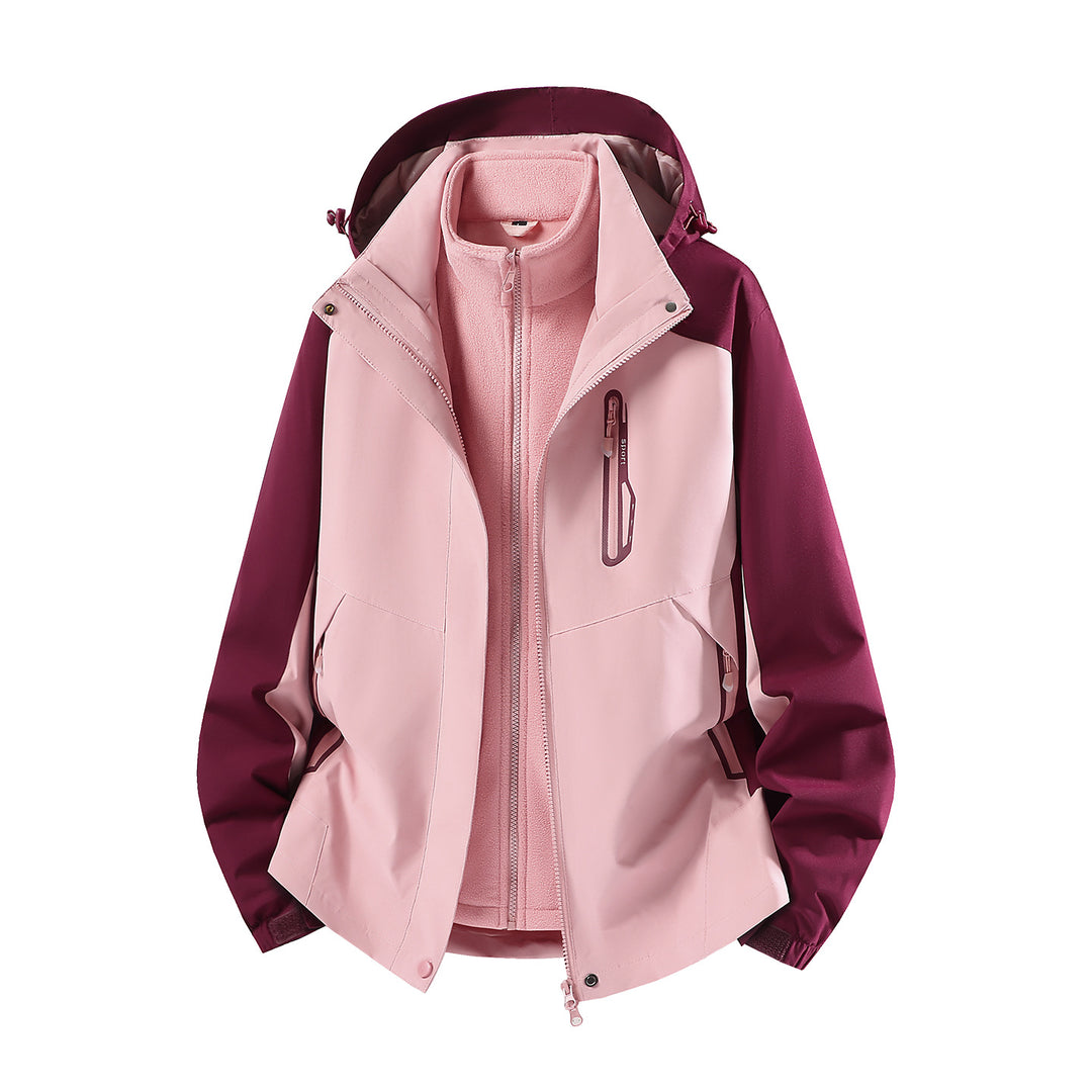 Damen wasserabweisende dreiteilige Outdoorjacke mit herausnehmbarer Fleece-Innenjacke, verstellbarer Kapuze und Reißverschlusstaschen Drune
