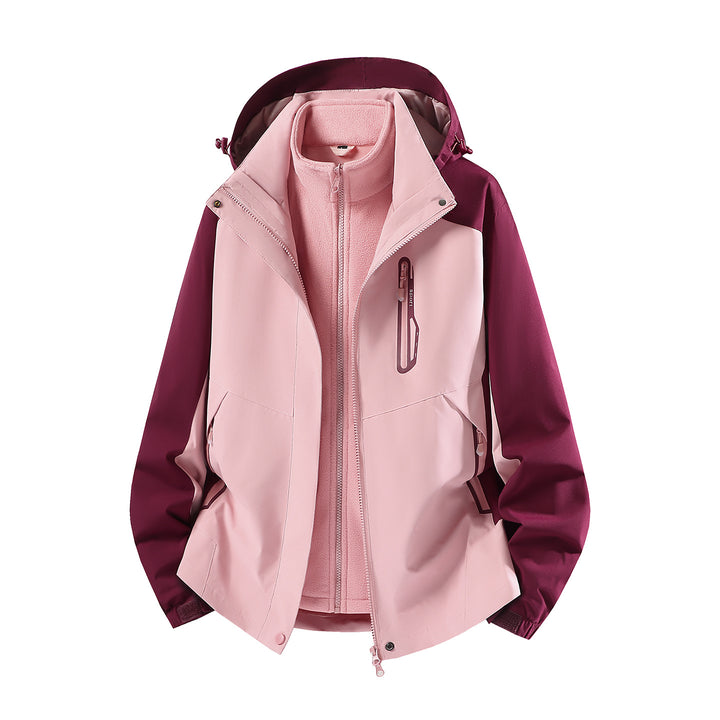 Damen wasserabweisende dreiteilige Outdoorjacke mit herausnehmbarer Fleece-Innenjacke, verstellbarer Kapuze und Reißverschlusstaschen Drune