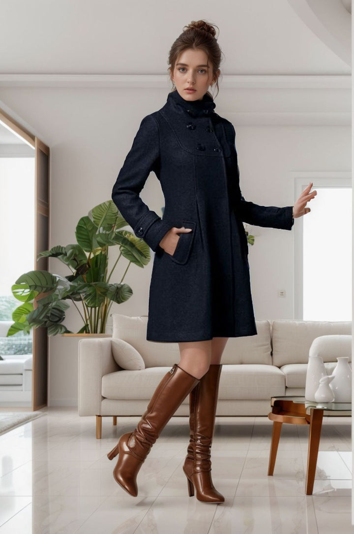 Damen A‑Linien Wollmix‑Mantel mit hoher Kapuze und Doppelknopfleiste Drune