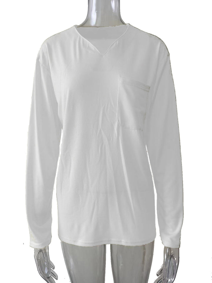Damen nan legeres Langarmshirt mit V-Notch-Ausschnitt, Brusttasche und lockerer Oversize-Passform Drune