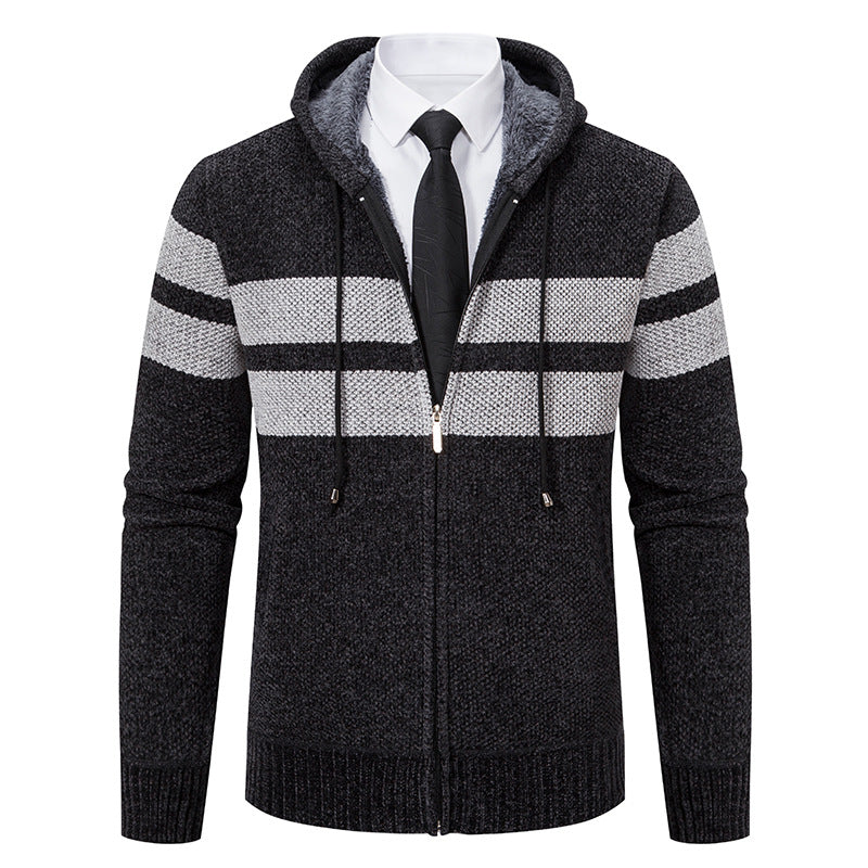 Herren nan gestrickte Kapuzenjacke mit Teddyfutter, verdecktem Reißverschluss und kontrastreifen Drune