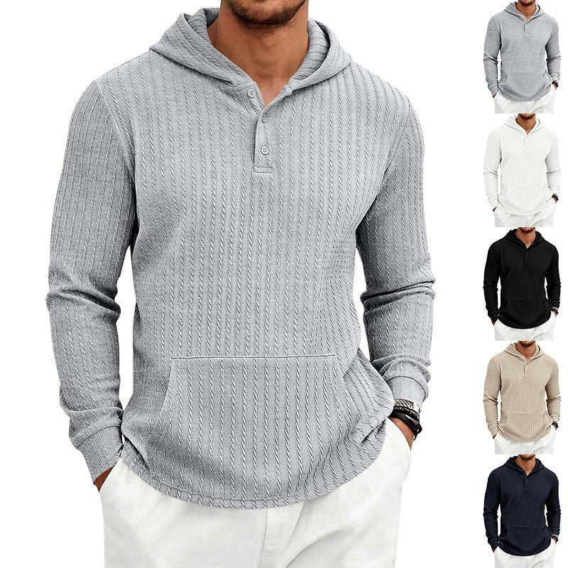 Herren Kapuzenpullover mit Waffelstruktur, Henley-Knopfleiste und Kängurutasche Drune