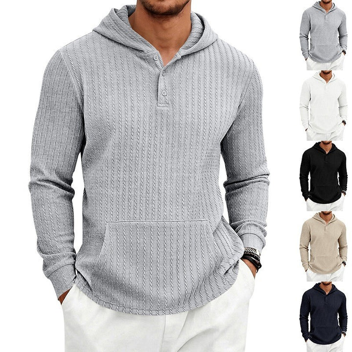 Herren Kapuzenpullover mit Waffelstruktur, Henley-Knopfleiste und Kängurutasche Drune