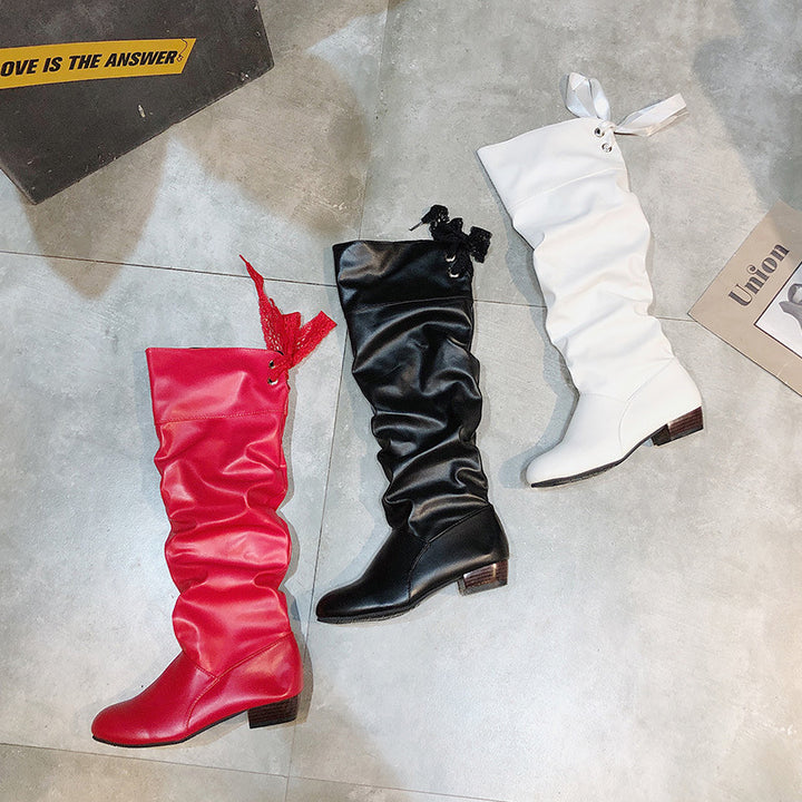 Damen Schaftstiefel kniehoch mit gerafftem Schaft, Bandkordel und niedrigem Blockabsatz Drune