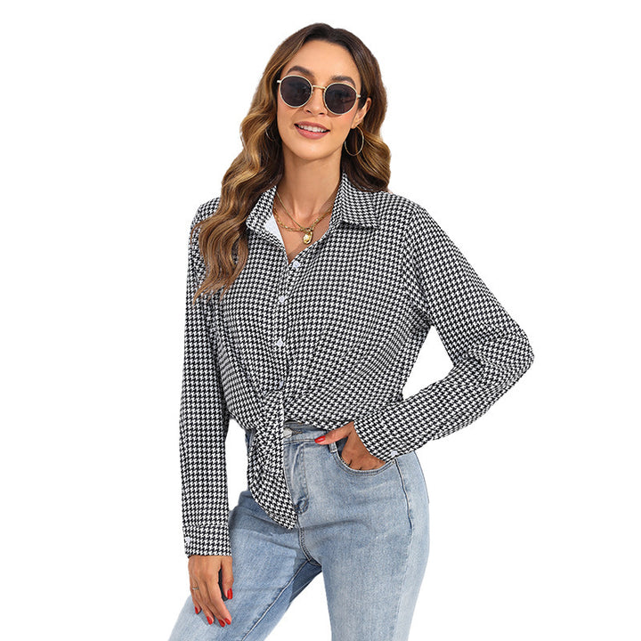 Damen nan geknotete Hahnentritt-Bluse mit Hemdkragen und durchgehender Knopfleiste Drune
