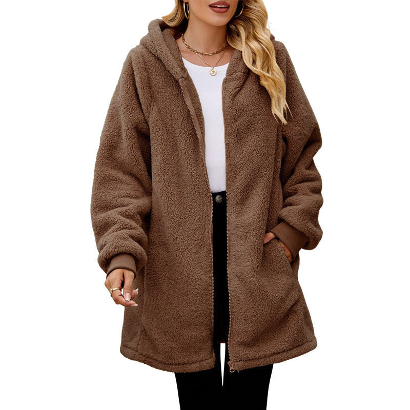 Damen kuschelige Fleecejacke mit Kapuze und Reißverschluss Drune