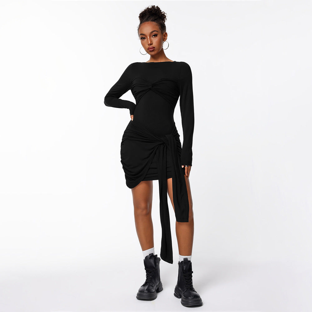 Damen figurbetontes Minikleid mit asymmetrischer Knotendrapierung, taillierter Raffung und langem Ärmelschal Drune