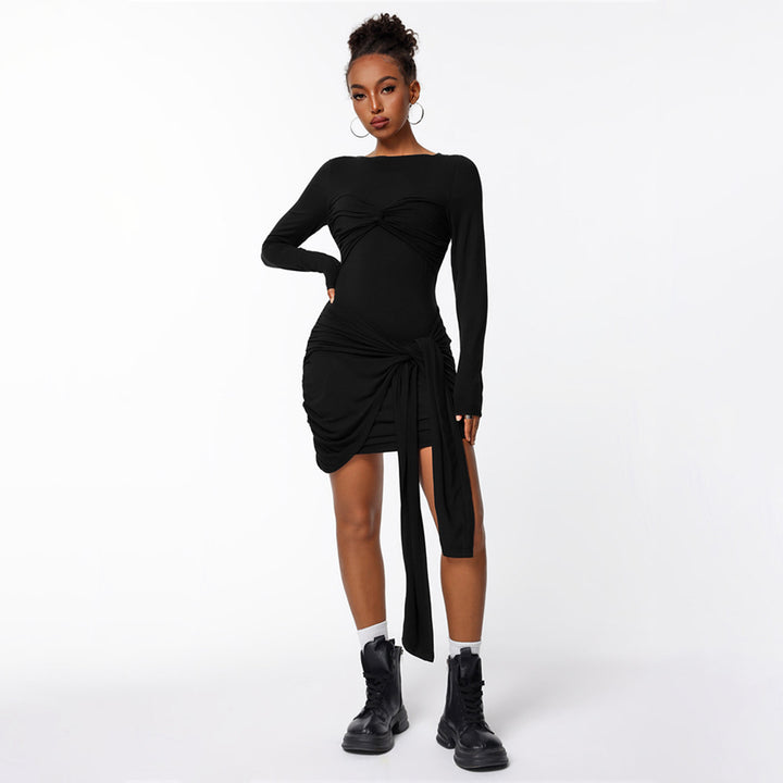 Damen figurbetontes Minikleid mit asymmetrischer Knotendrapierung, taillierter Raffung und langem Ärmelschal Drune