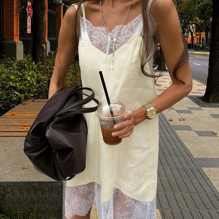 Damen lässiges Slip-Kleid mit Spitzeneinsätzen und Knopfdetails Drune