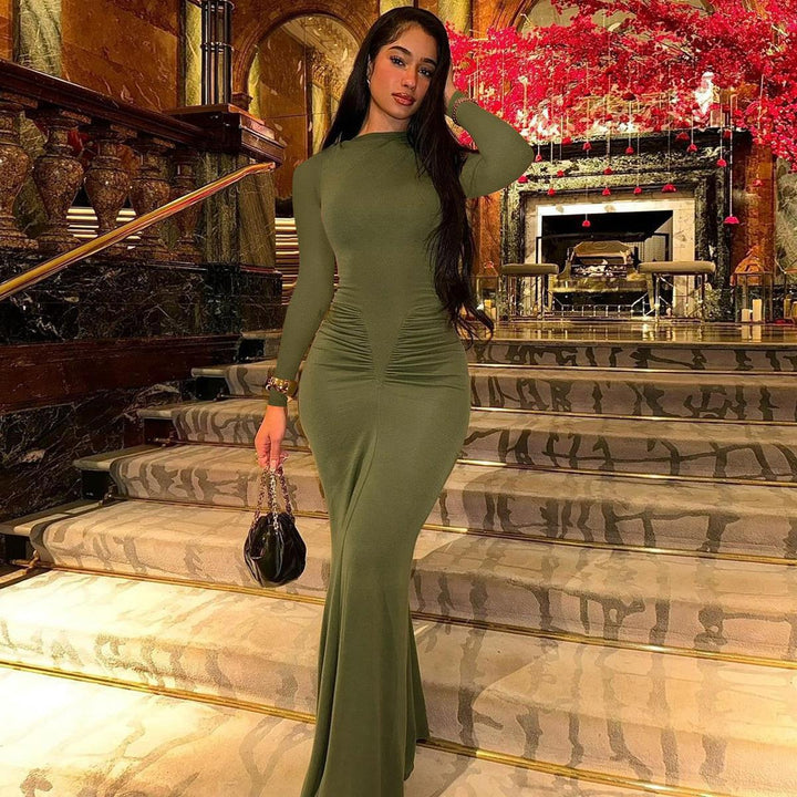 Damen Elegantes Maxikleid mit Raffungen und langem Arm Drune