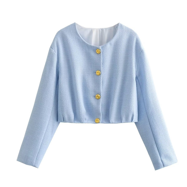 Damen nan kurz geschnittene Bouclé-Jacke mit Rundhalsausschnitt, durchgehender Knopfleiste und goldfarbenen Zierknöpfen Drune
