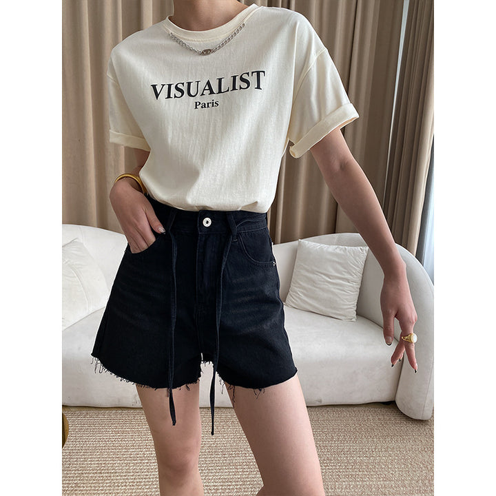 Damen hohe Taillen Jeansshorts mit dekorativen Schnürdetails und fransigem Saum Drune