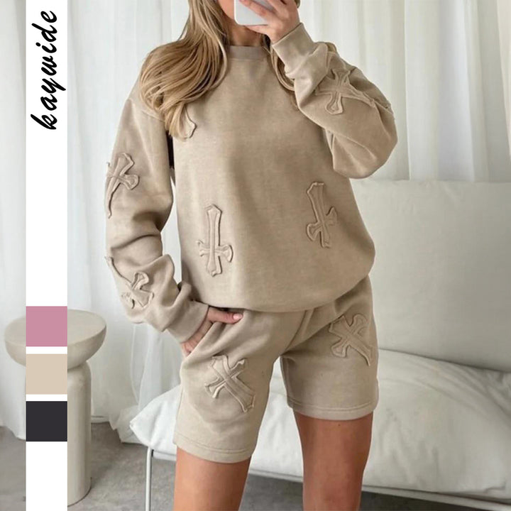 Damen nan lässiges Sweatshirt- und Short-Set mit dekorativen Schleifen-Applikationen, hohem Rundhalsausschnitt und Tunnelzugbund Drune